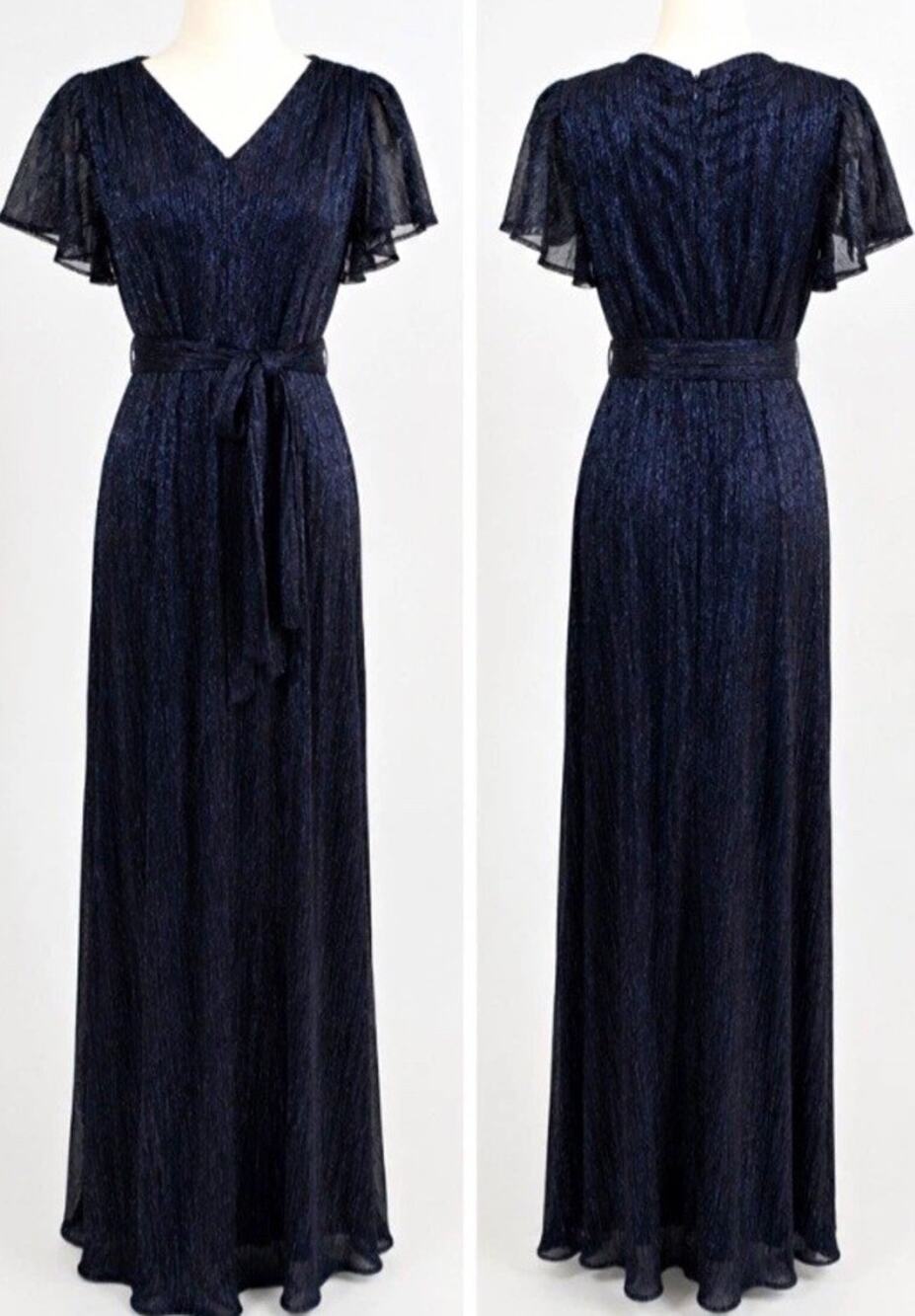 Halston Heritage Navy Metallic Flutter-Sleeve Maxi Dress. Size 10